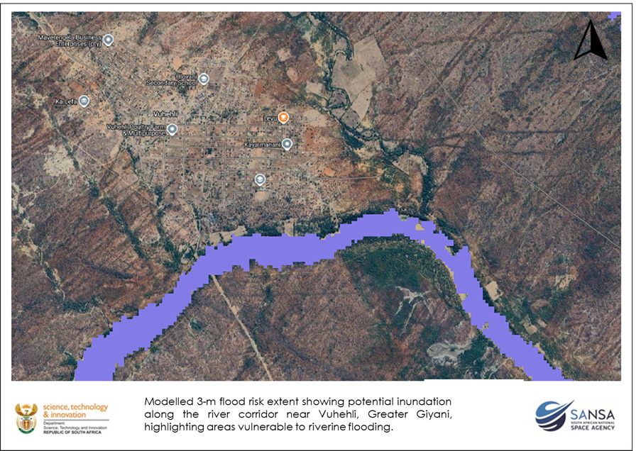 Map: indicating flood risk areas along the river in Vuhlehi village close to Giyani. The extent of the flood will be determined from the latest satellite images.